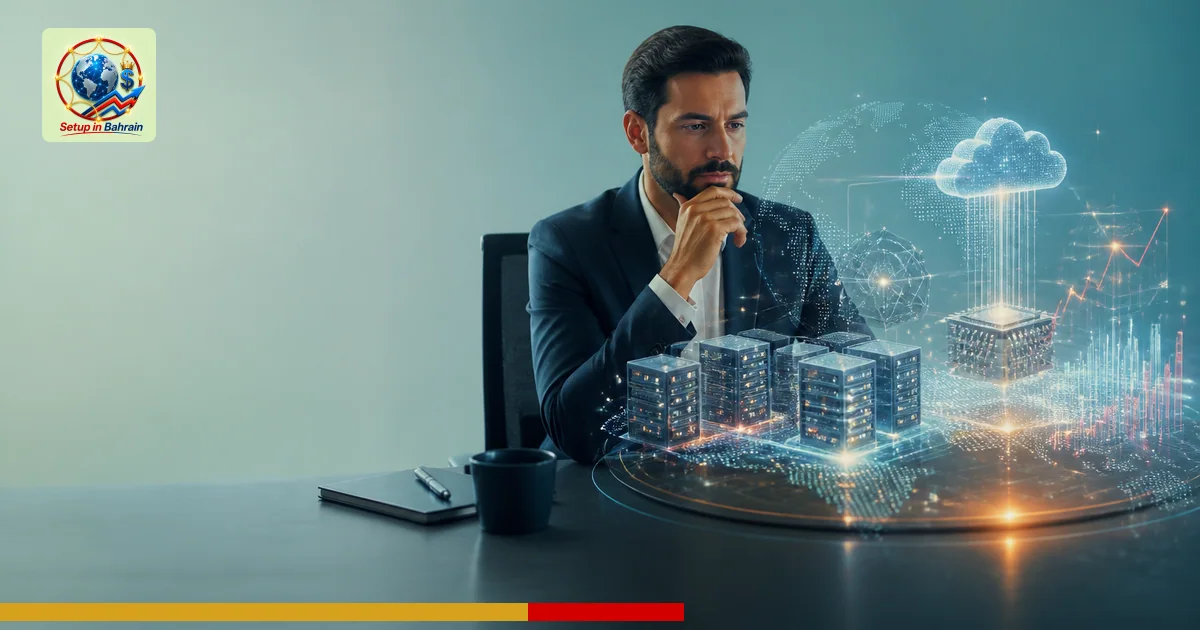 A solitary business professional sits at a sleek desk in a modern Bahrain-inspired office, gazing at a glowing holographic di