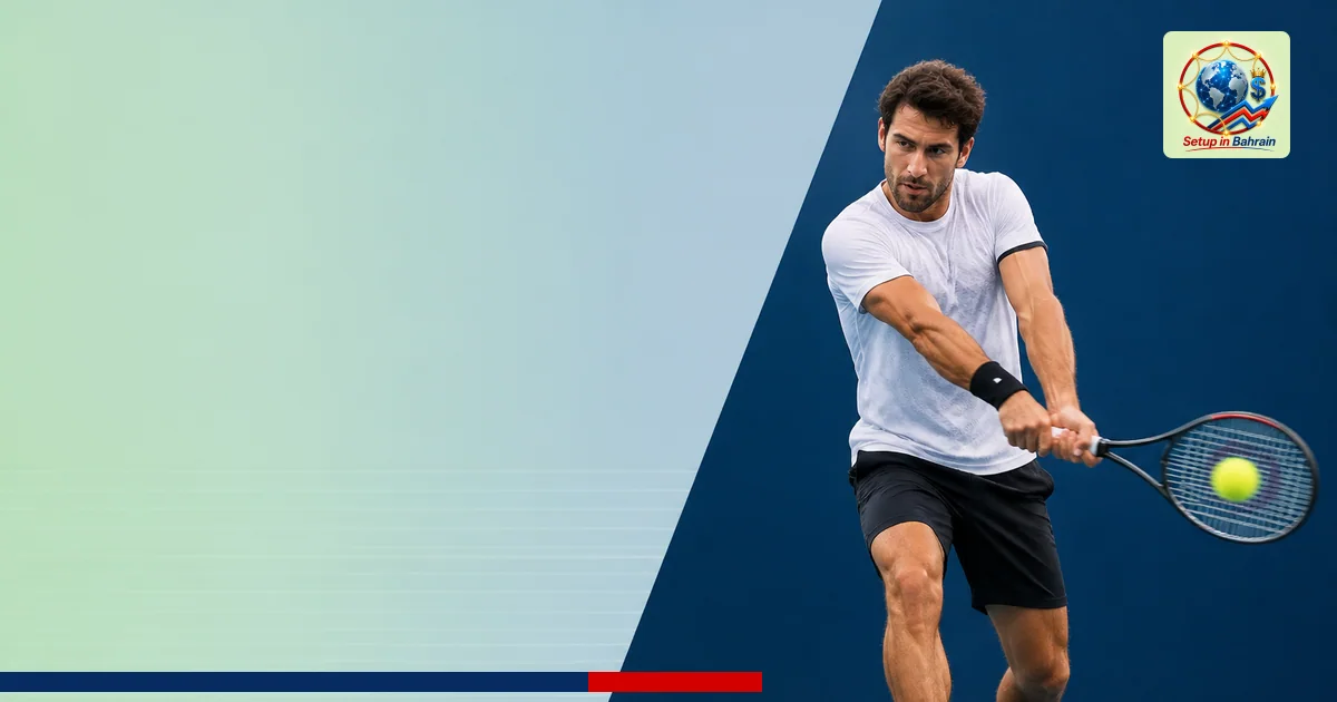 A single tennis player on a San Marino Open-style court charges toward a forehand with a focused expression. The scene emphas