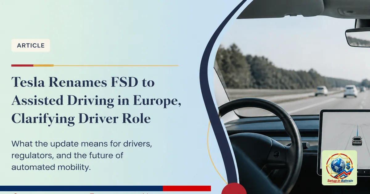 Editorial visual representing one concrete editorial subject illustrating Tesla renames FSD to Assisted Driving in Europe, cl
