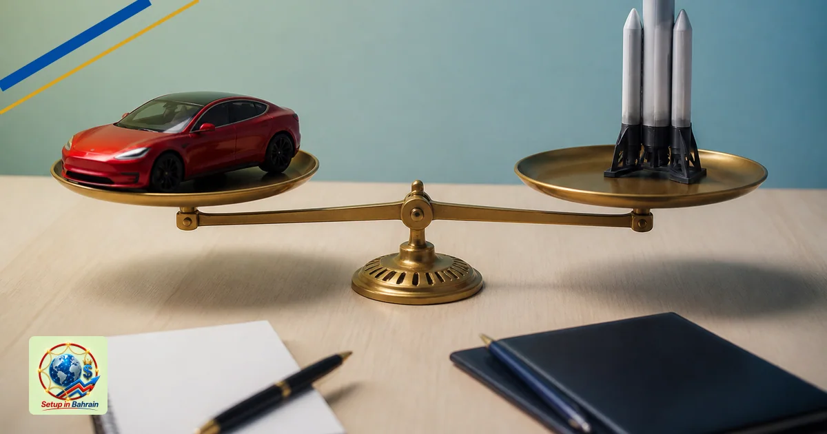 Editorial visual representing two balanced, clearly differentiated choices illustrating Tesla vs SpaceX: 3 business model sec