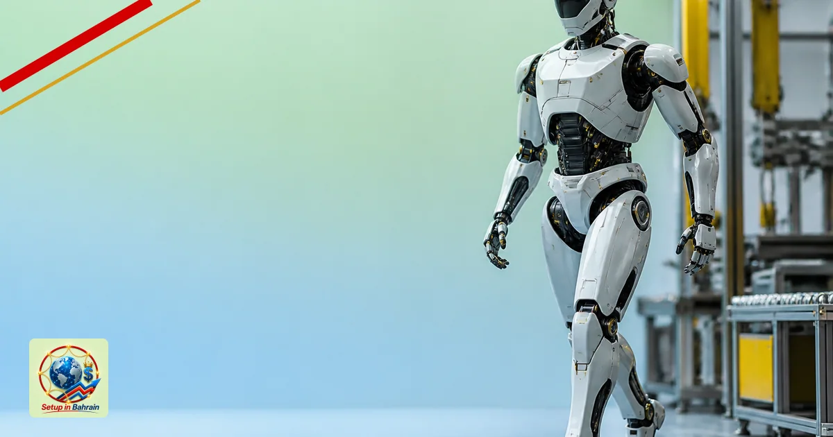 A solitary humanoid robot stands on a factory-like floor with subtle digital panels in the background, left side features a b