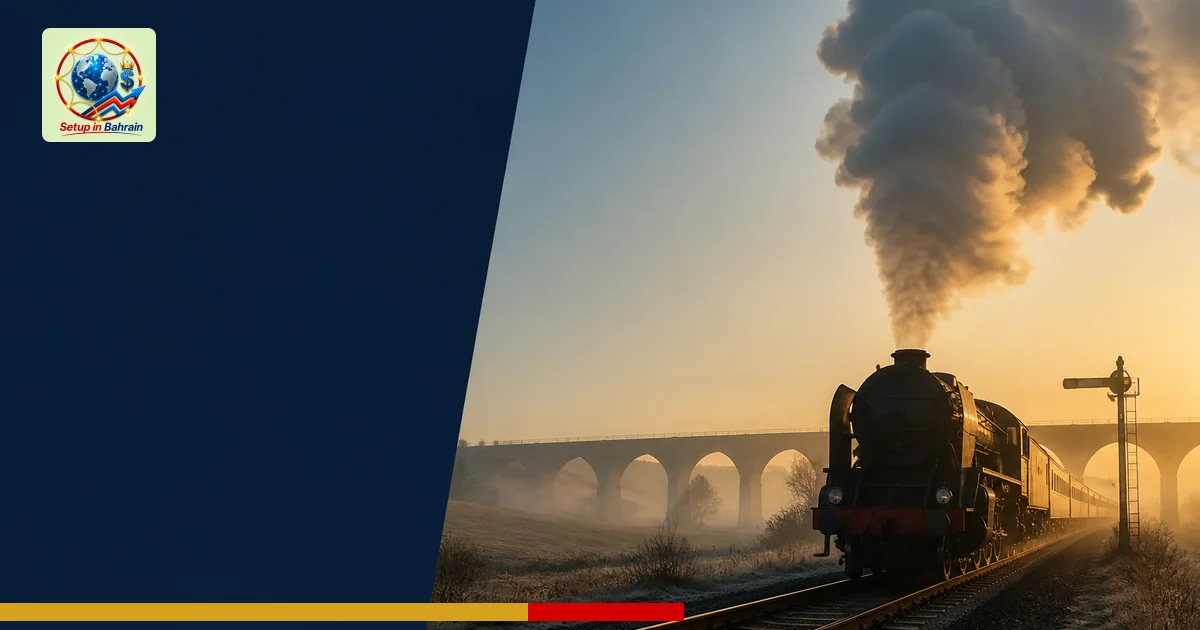 A solitary steam locomotive silhouette on a rural UK railway line at dawn or dusk, with a left navy information panel and a d