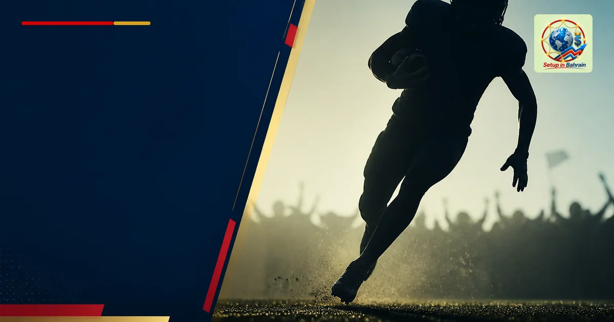 A solitary football player silhouette reaching for a ball against a pale green-to-blue gradient background, with abstract cro