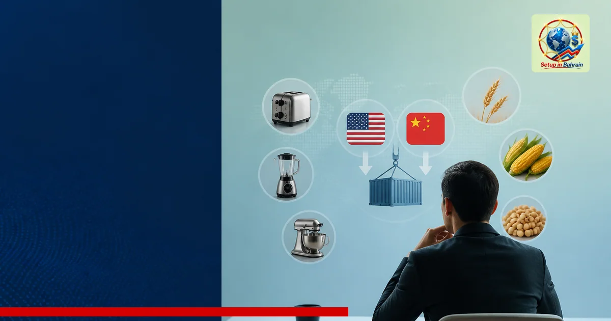 Editorial single-subject scene showing a Bahrain business context analyst contemplating US-China tariff reductions, with abst