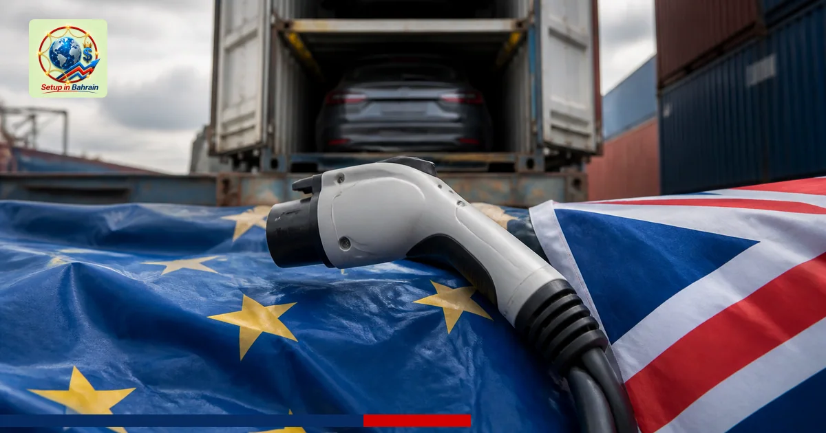 Editorial visual representing one concrete editorial subject illustrating UK-EU trade tensions over Chinese EV tariffs and 'M
