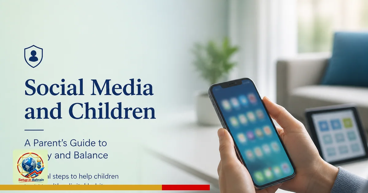 A clean editorial scene showing a parent holding a smartphone with blurred apps, a blurred tablet in the background, set in a