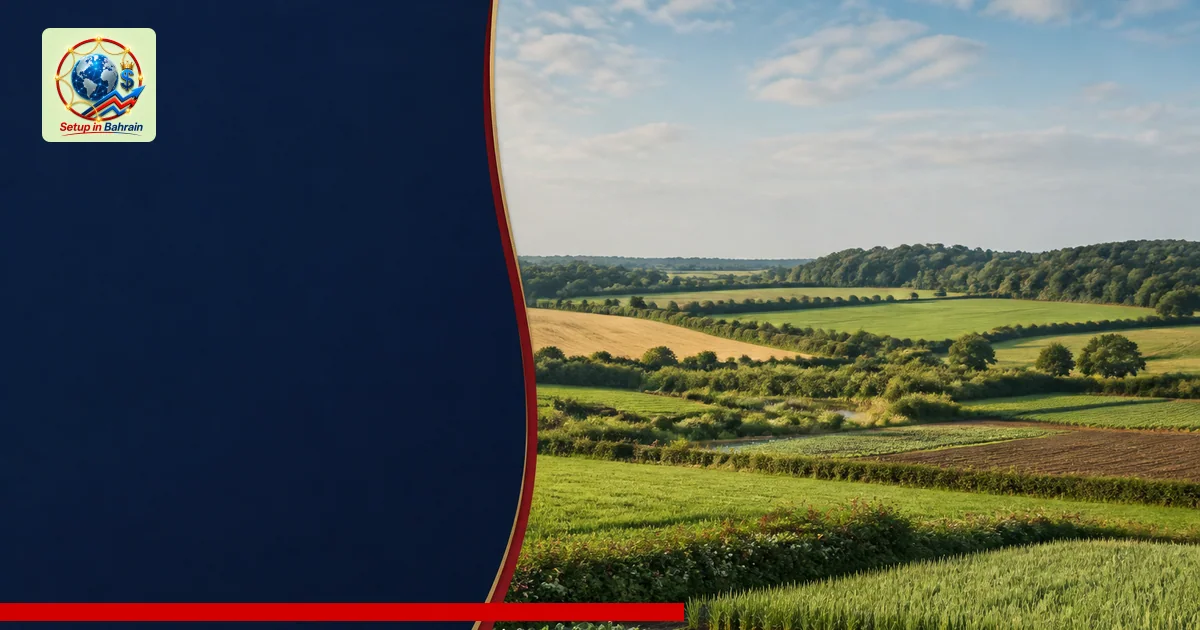 A wide editorial landscape showing a cooperative farming area with varied fields, hedgerows, and small woodland patches, evok