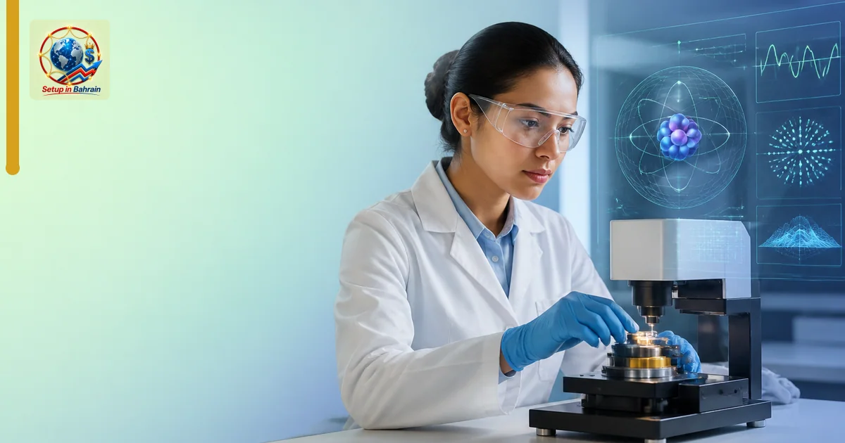 A single research-scene subject in a modern lab presenting a quantum sensor concept with a clean left-space for a navy headli