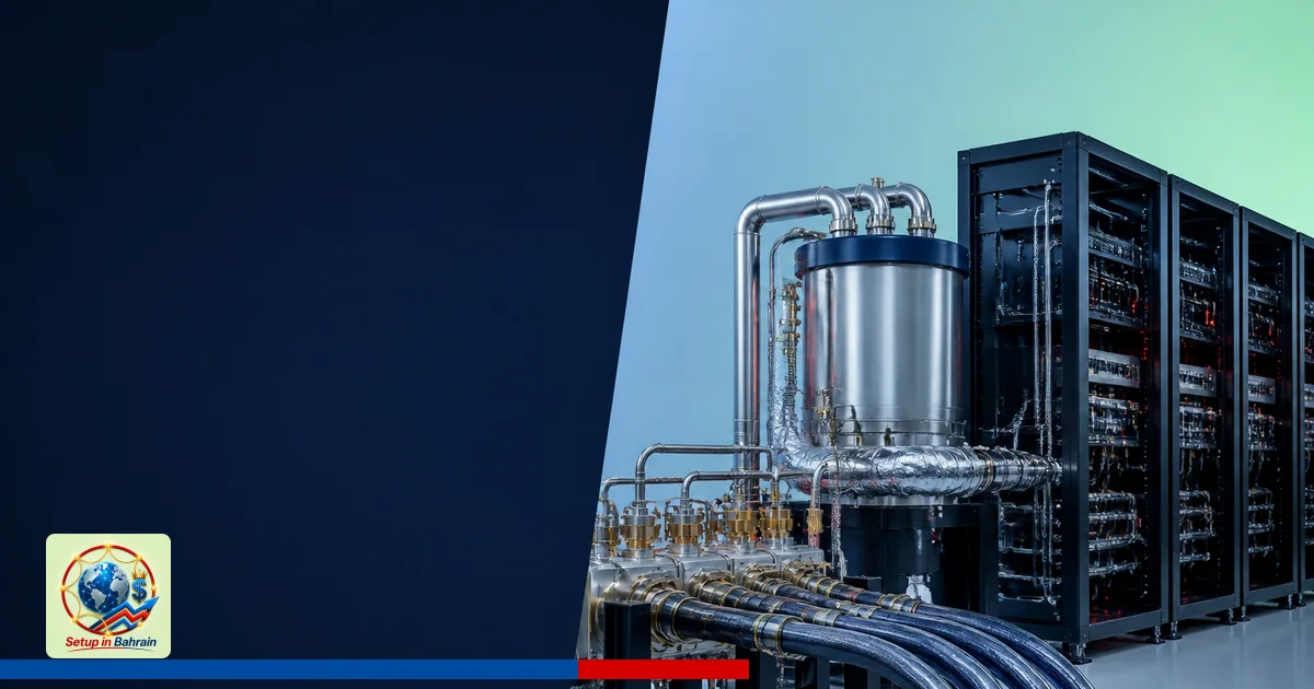 Editorial close-up of superconducting power-delivery hardware in a clean lab setting, with a navy information panel on the le