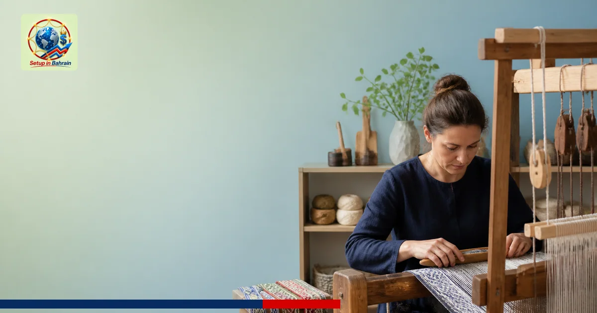 A studio-style editorial image of a single person’s hands weaving on a traditional loom in a calm workshop. Finished belts wi