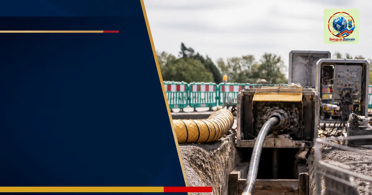 A clean, editorial-style outdoor construction scene showing trenchless rehabilitation work in the UK. On the left, a navy-ton