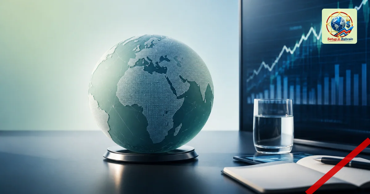 A clean editorial scene showing a modern corporate setting with abstract financial graphs on translucent screens, a dark navy