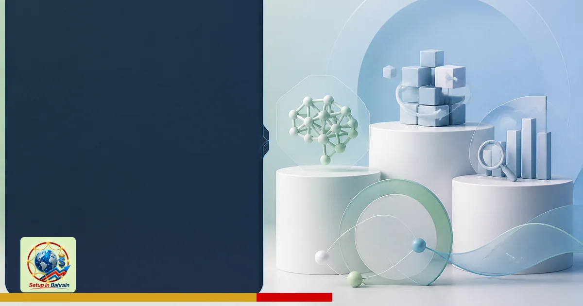 Editorial cover concept with a left navy-panel placeholder on a pale green-to-blue gradient background; three abstract icons 