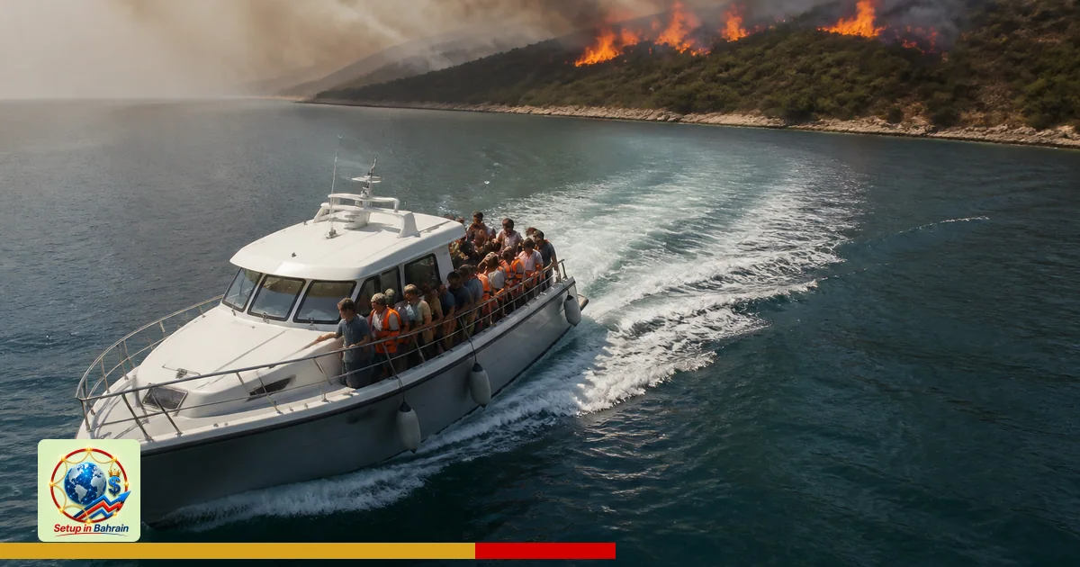 Editorial visual representing one concrete editorial subject illustrating Wildfires near a Croatian resort forced sea escape;