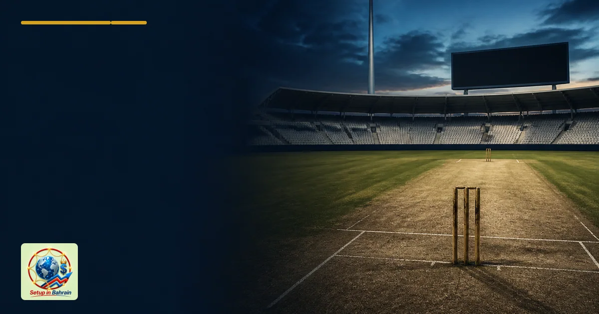 A nearly empty cricket stadium at dusk with an unpaid pitch and a paused scoreboard, bathed in cool lighting; a large empty l