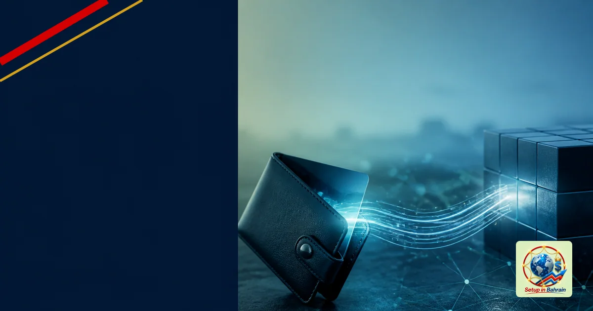 Editorial scene with a left dark navy information panel on a pale blue-green background and a right-side abstract visualizati