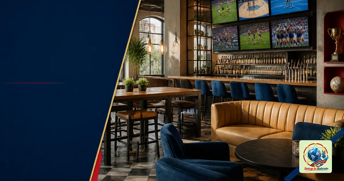 A clean, unbranded interior concept for a women-focused sports bar in downtown Boston, with a left navy information panel and