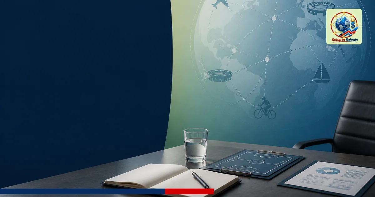 Editorial cover scene featuring a navy left information panel and a right-side abstract globe/schedule motif against a pale g