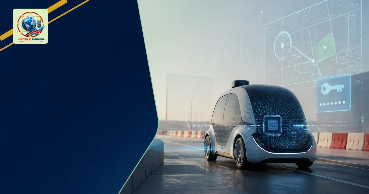 A premium editorial cover concept featuring a single abstract autonomous vehicle with AI chip motifs against a pale green-to-