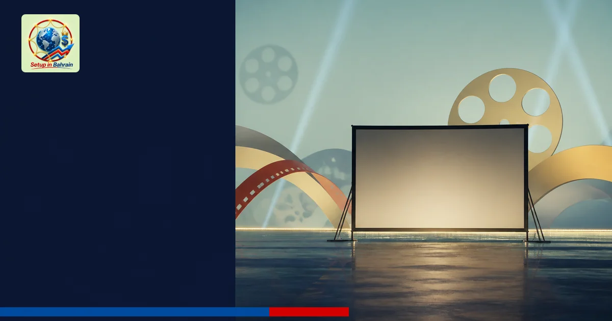 A solitary cinema screen silhouette sits against a pale green-to-blue gradient background with abstract film-reel motifs in t