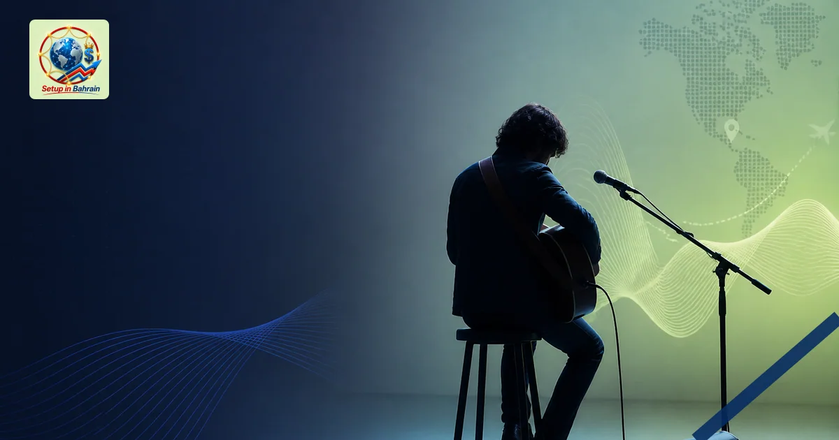 A solitary musician on a minimalist stage with a pale green-to-blue gradient backdrop, abstract sound waves, and a left-side 