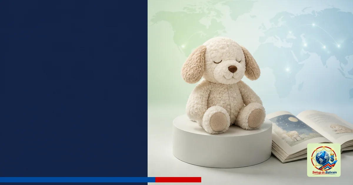 A premium editorial scene featuring a plush BeddyByes toy on a small display plinth beside an open children's book, set again