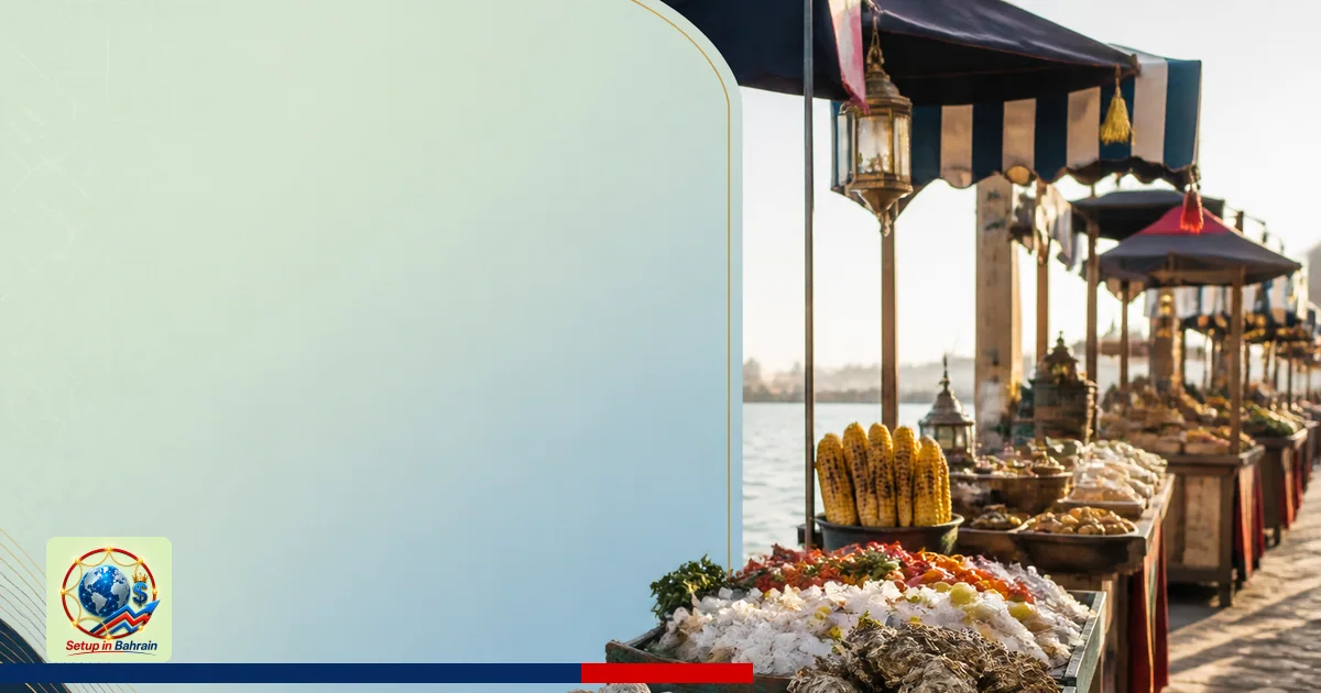 An editorial-style market street scene from a coastal town featuring unbranded vendor stalls with seafood and festival foods,