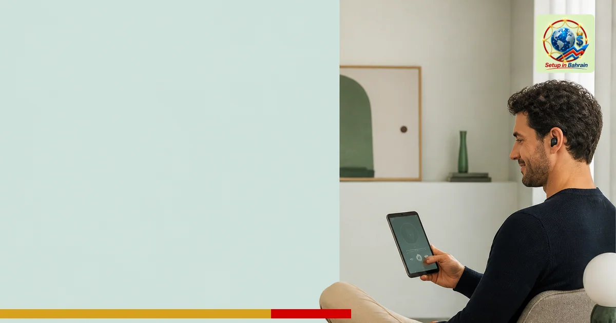 A clean editorial scene with a single person listening to a podcast on a tablet in a modern home setting. The left side has a