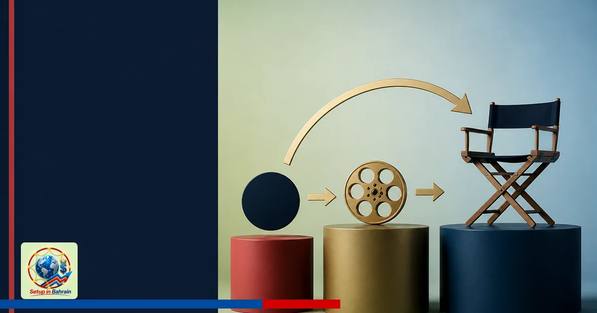 An abstract editorial scene with a left navy information panel on a pale green-to-blue backdrop, and a right-side geometric c