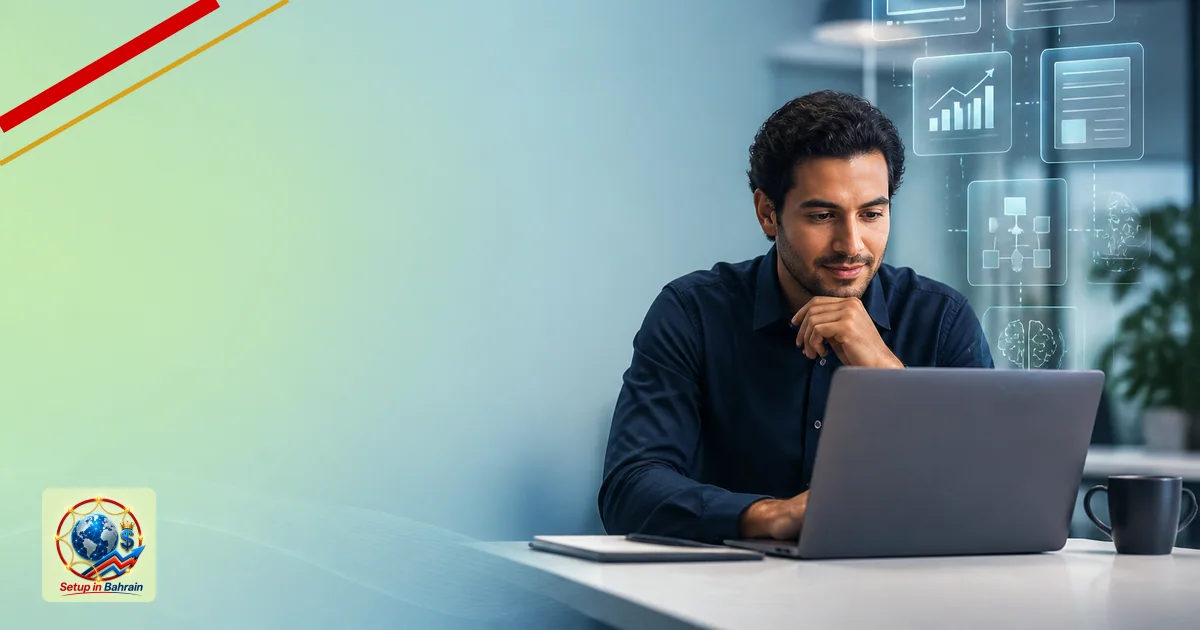 An editorial-style scene depicting a lone entrepreneur in a modern coworking space using a laptop to access AI-driven busines