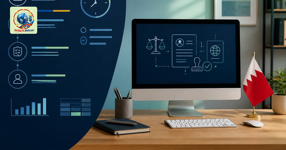 A modern bachelor-clean office desk with a monitor showing abstract visa-schematic visuals and a neat stack of files; a bold