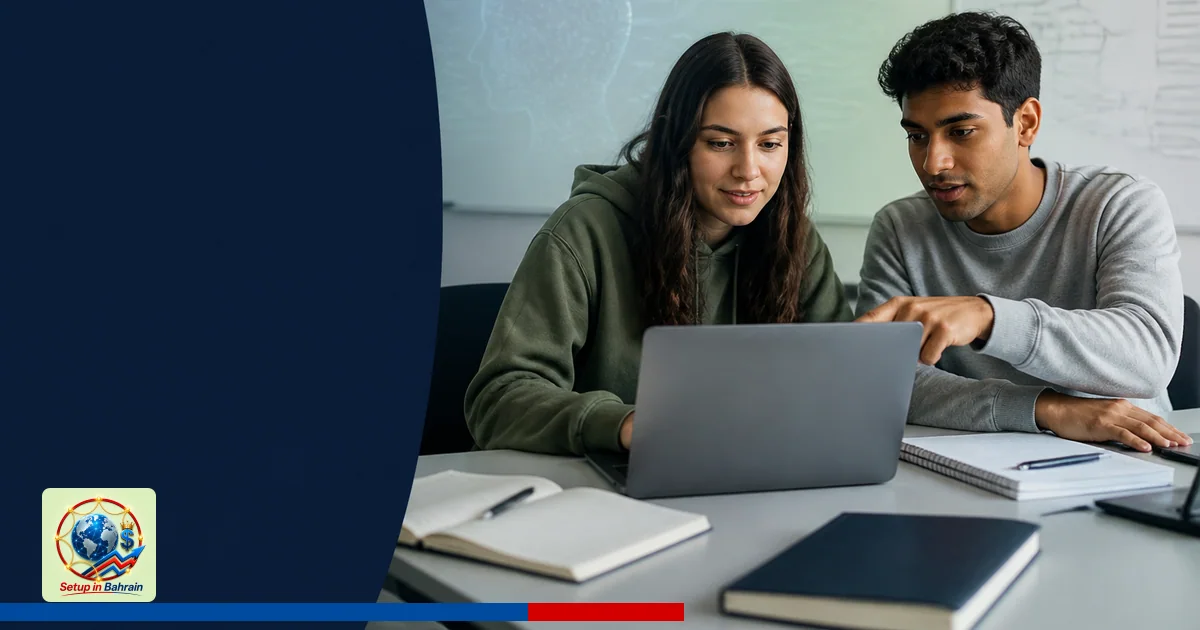 Two students collaborate in a modern university lab, one typing on a laptop while the other points at an abstract AI prompt v