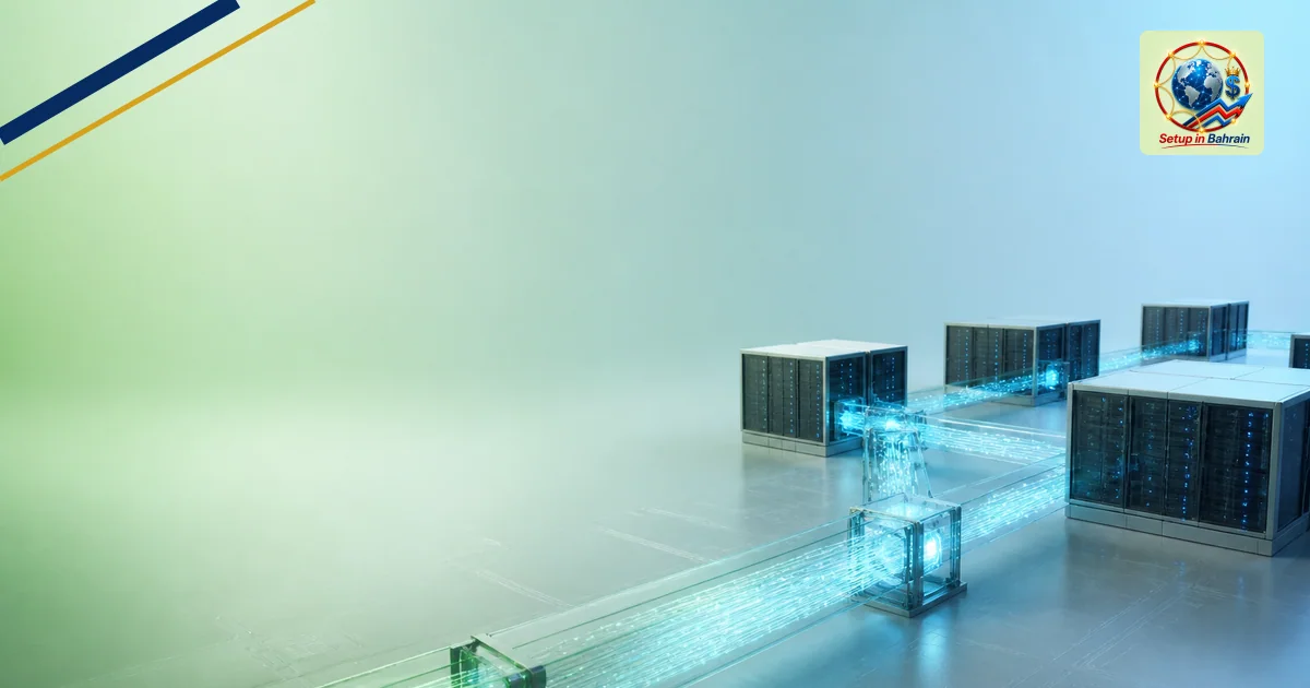 A clean, editorial-style scene showing an abstract, glowing data-flow corridor representing distributed AI training across da