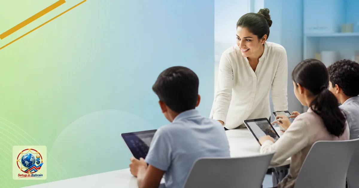 A clean, modern classroom scene with an educator engaging a small group of students using generic tablets. A soft green-to-bl