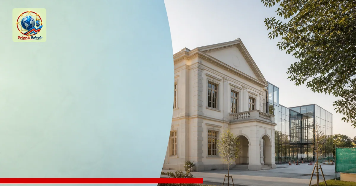 A polished editorial cover scene of Devonport House in Greenwich showing a modern glass extension connected to the historic b