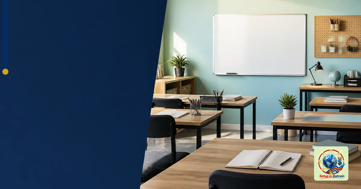 A studio-style university classroom converted for hands-on teacher training; left side features a navy information panel area