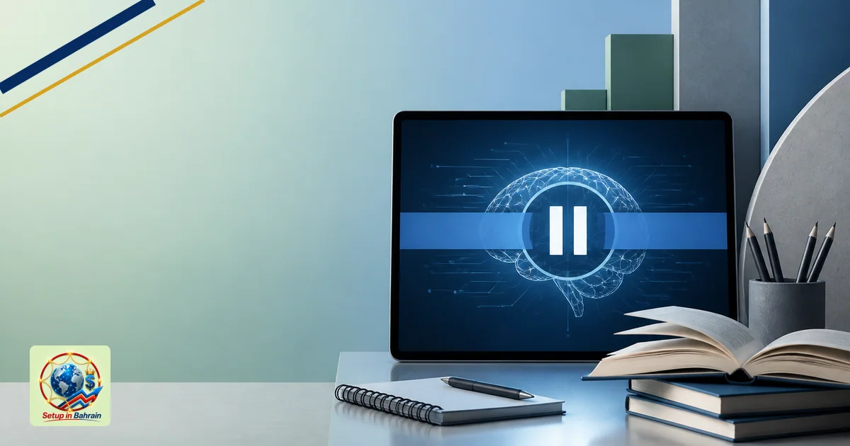A clean editorial scene with a left navy information panel on a pale green-to-blue gradient background and a right-side abstr