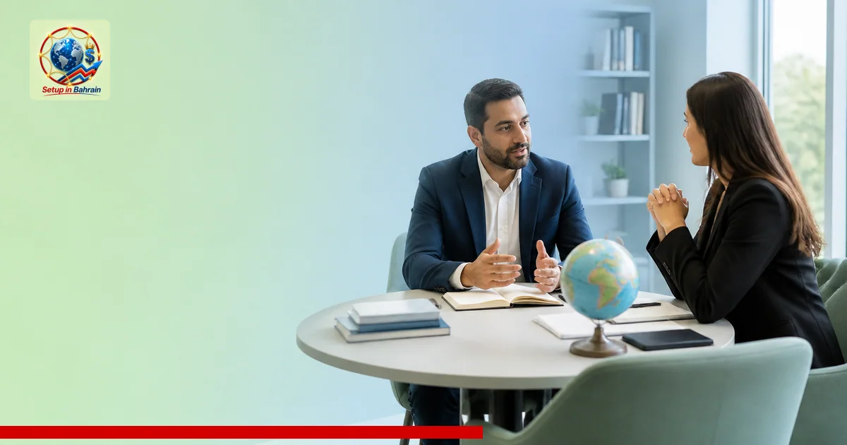 Two professionals discuss higher education and research collaboration at a modern conference setting; left side features a bl