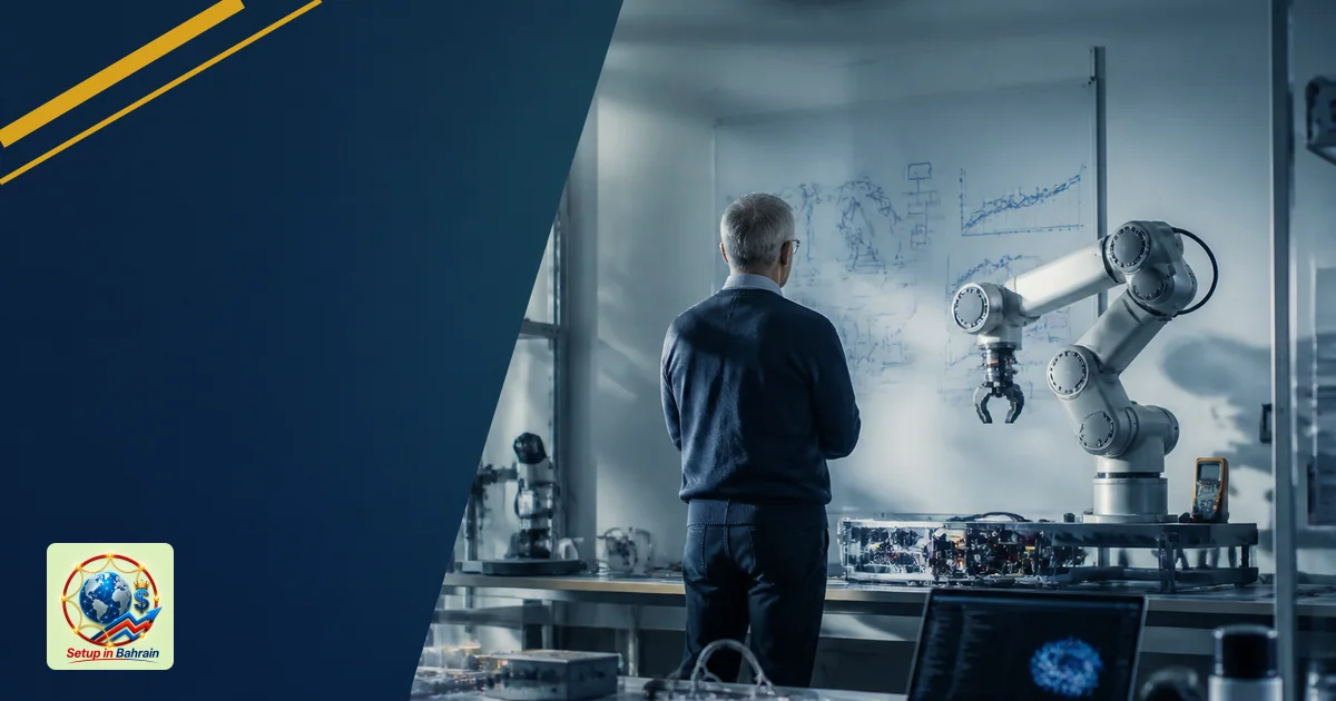 A blended university-to-startup robotics scene: a researcher oversees a prototype in a hybrid lab-office setting with a robot