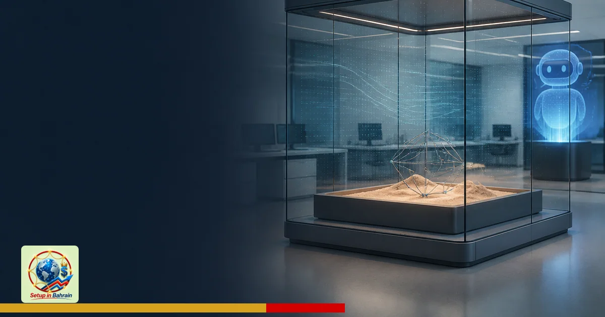 A minimal, unbranded editorial image of a modern lab sandbox with a glass enclosure and glowing data lines, set against a pal