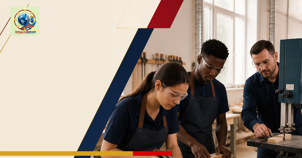 A premium editorial-style scene showing a modern woodworking classroom with two students and an instructor at workbenches; le