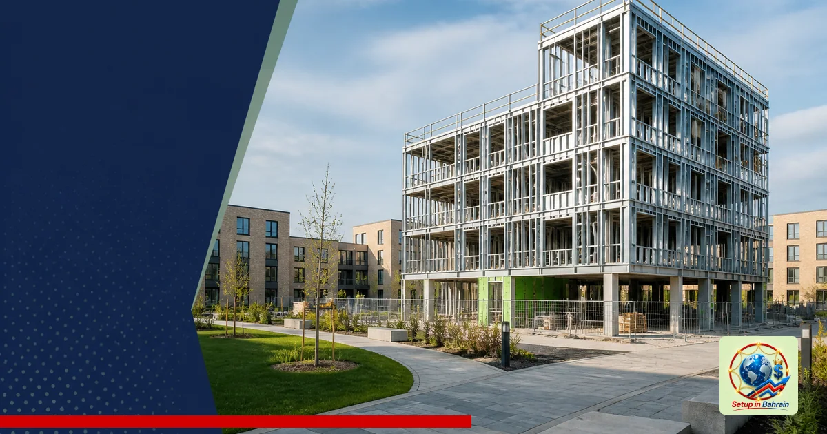 A contemporary UK university campus scene showing a large central hub building with visible offsite framing, surrounded by lo