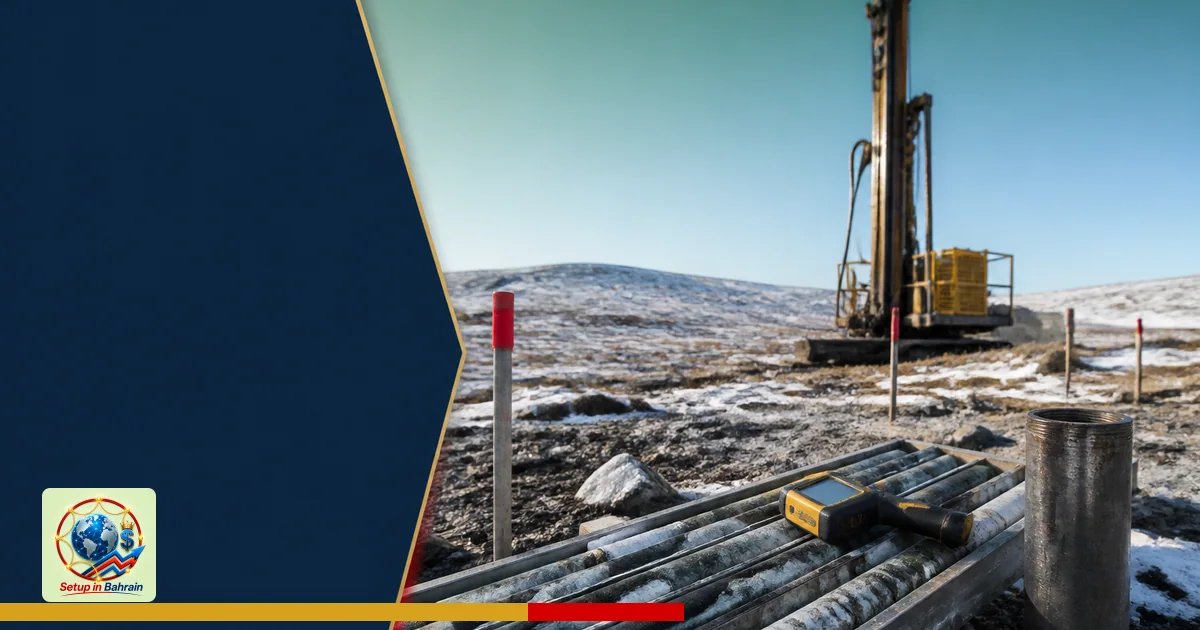 A uranium exploration drill site in a cold open landscape, featuring a drill collar, a gamma measurement device, and survey m