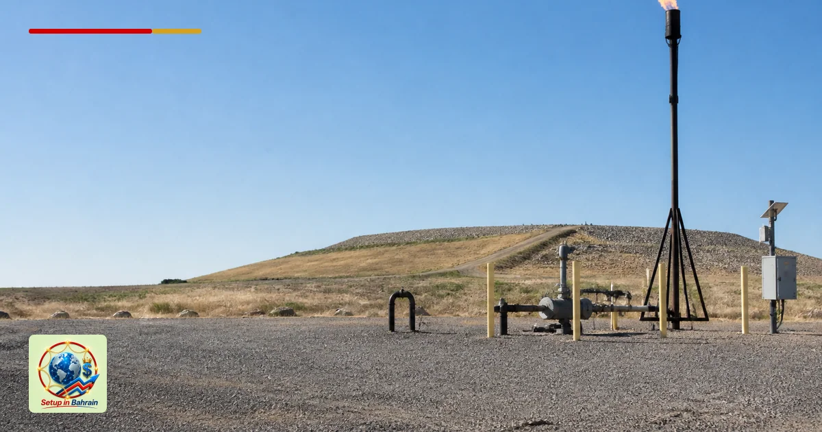 A clean, uncluttered outdoor scene shows a landfill gas flare and extraction wells with monitoring equipment nearby, set agai