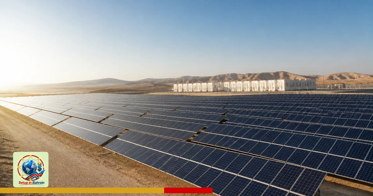 Unbranded editorial view of a Benban solar complex with densely packed panel rows and a subtle battery storage area, set in a