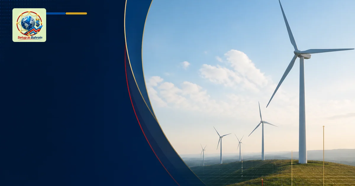 Editorial scene of an open landscape with wind turbines on rolling hills, pale sky, and a prominent left-side dark informatio