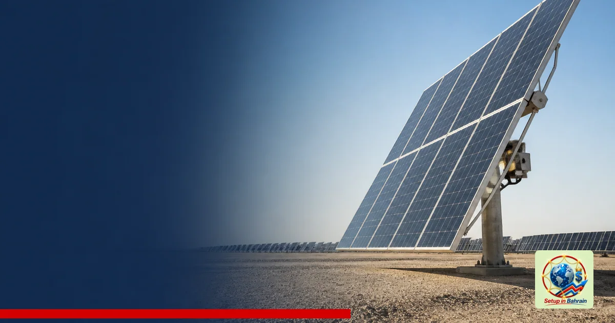A premium editorial-style outdoor scene showing a utility-scale solar tracker array set against a pale green-to-blue backgrou