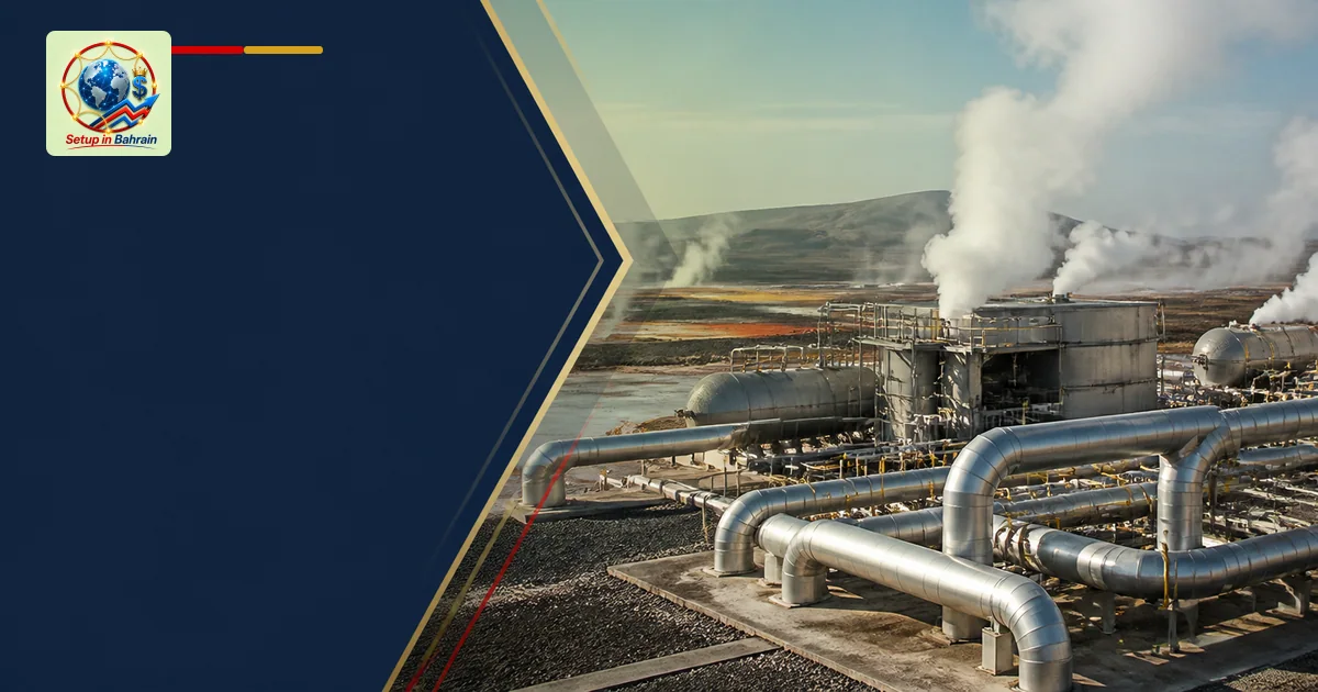 An unbranded editorial scene of a geothermal energy facility outdoors with pipelines and turbines; a left, empty information