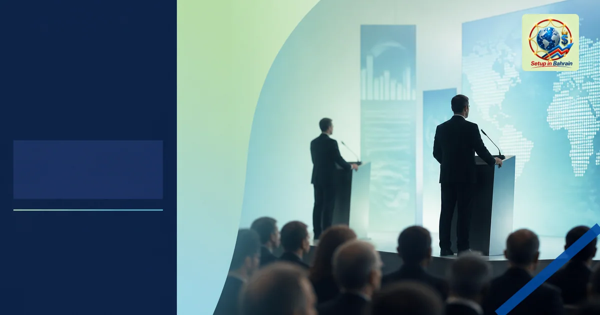 Editorial cover showing a left navy information panel on a pale green-to-blue gradient background and a right-side conference
