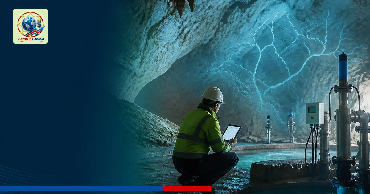 An anonymous environmental consultant in a subdued subterranean chamber examining groundwater monitoring equipment; a soft gl
